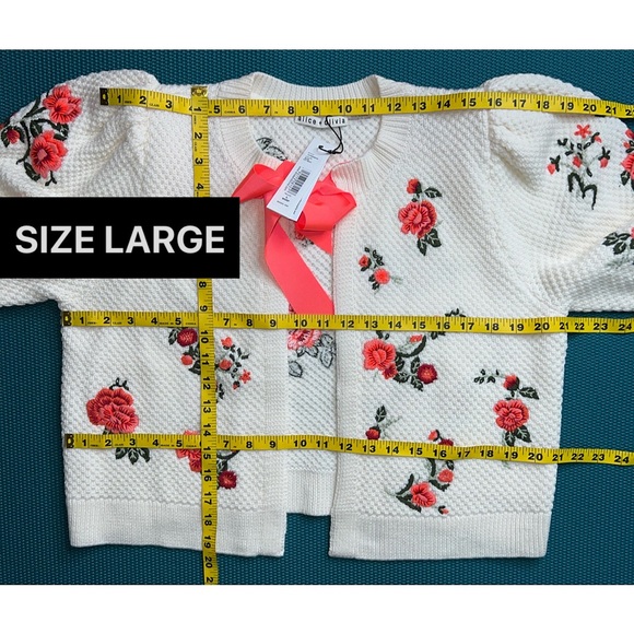 Alice + Olivia Kitty Floral Puff Sleeve Bow Tie Cardigan Sweater - Picture 13 of 17